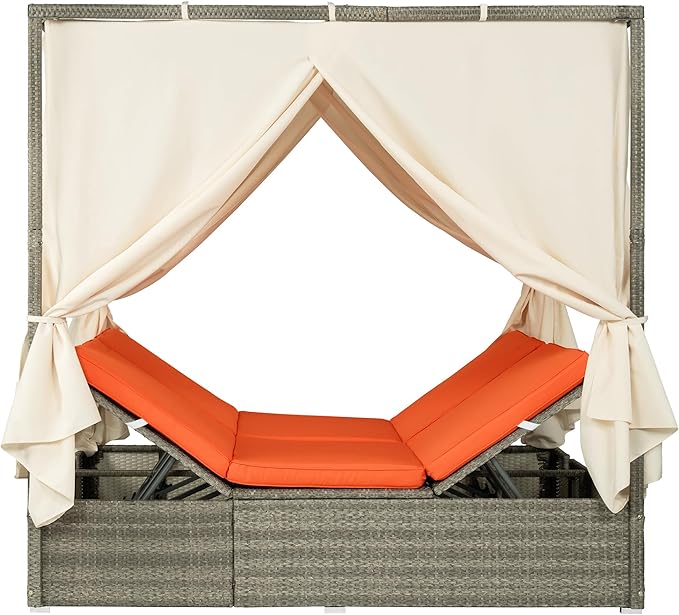 Harper & Bright Designs Adjustable Outdoor Sun Lounger with Canopy,Multi-Position Recline Patio Chair with Removable Cushion,Weather-Resistant Rattan Chaise Lounge for Poolside,Garden & Terrace,Orange