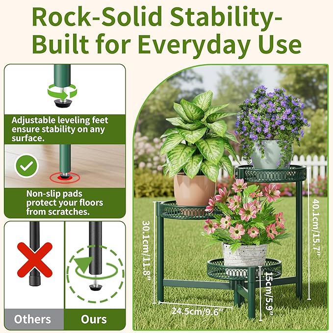 Plant Stand Indoor Outdoor, 3 Tier Corner Metal Flower Display Holder Shelf, Folding Tall Plant Rack for House Patio Balcony Porch Garden Living Room, Heavy Duty Anti-Rust Wrought Iron - GreenFlower