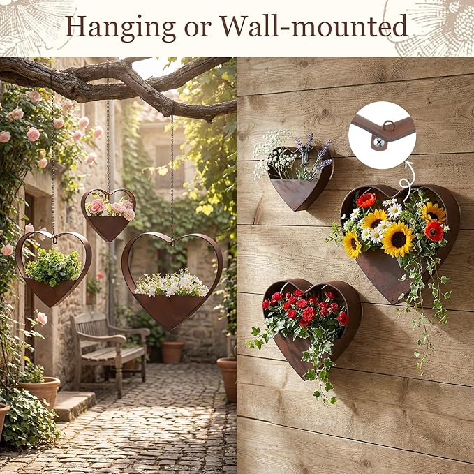 3 Pcs 3 Size Heart Metal Hanging Planter Indoor Outdoor, 13.4" 10.6" 7" Large Metal Plant Hangers Vintage Flower Pot with Hook Chain Drain Hole Gift for Gardener Women Mom Home Decor(Brown)