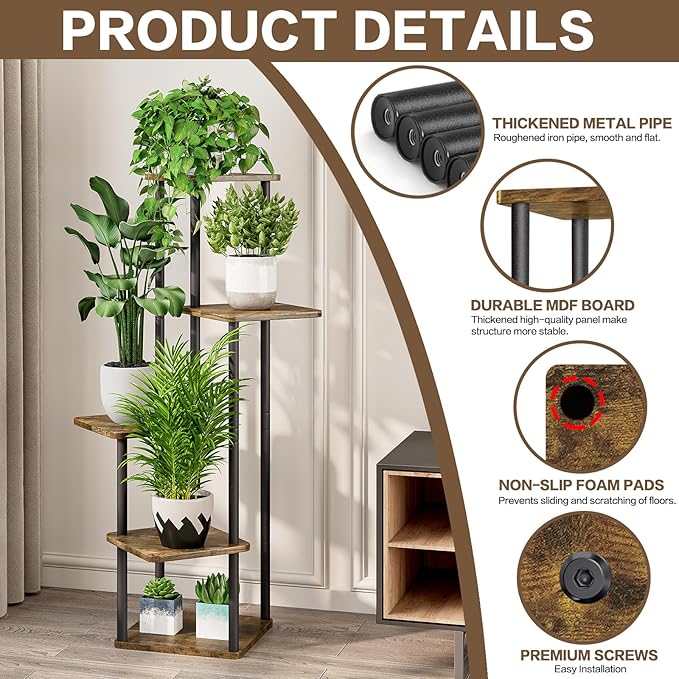 5 Tier Plant Stand Indoor, Thickened Metal Wood Corner Plant Shelf Stands for Multiple Plants, Indoor Tall Plants Stand Tiered Flower Holder for Living Room Patio Garden Balcony(Black+Brown)