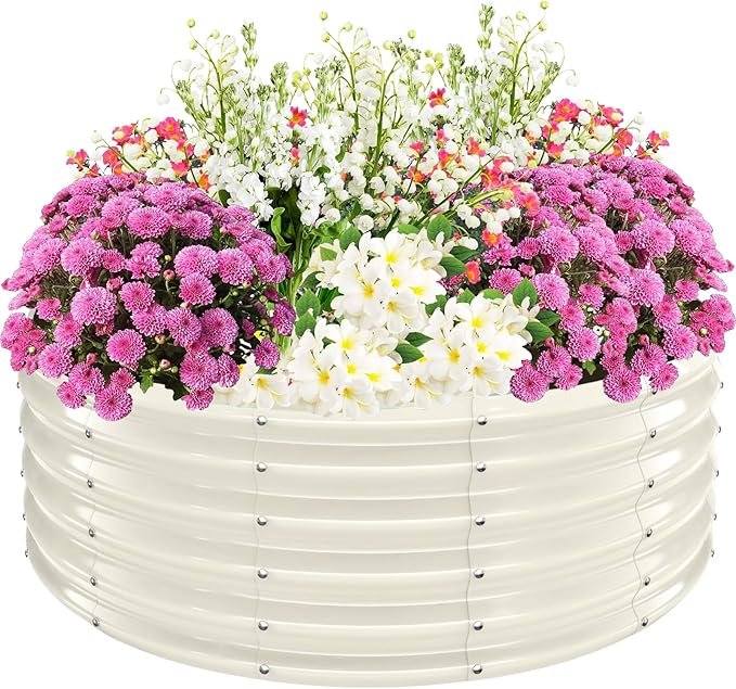 17" Tall Elevated Round Metal Rised Garden Bed- 4'x4' in Size and 0.8MM Thick Durable Planter Box for Vegetables Flowers Succulent at Patio/Garden Outdoor (White, 4FT Diameter)
