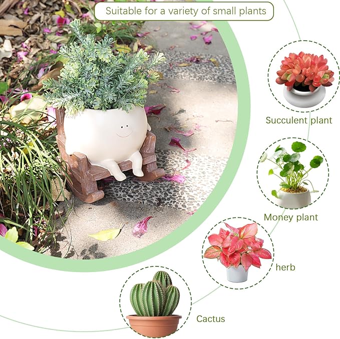Smiley Face Rocking Chair Planters Flower Pots for Plants Funny Succulents Plant Live Cute Resin Head Planter for Indoor Outdoor Plants Gift Ideas for Mother and Christmas (Large)