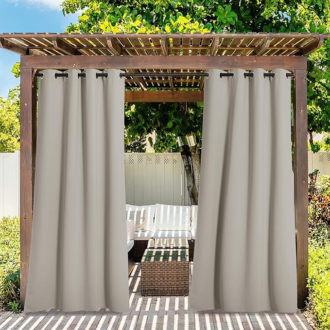 NICETOWN 2 Panels Indoor & Outdoor Curtains for Patio Waterproof, Grommet Room Darkening Thermal Insulated Indoor Window Treatments Thermal Drapes for Pergola/Bathroom, Natural, W52 x L84