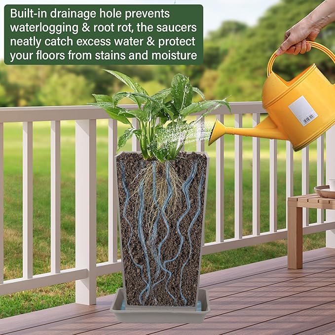 Set of 2 Tall Planter, 21 inch Large Plastic Planter with Drain Hole & Saucers, Large Outdoor Planters for Porch, Garden, Patio, Balcony(Light Gray)