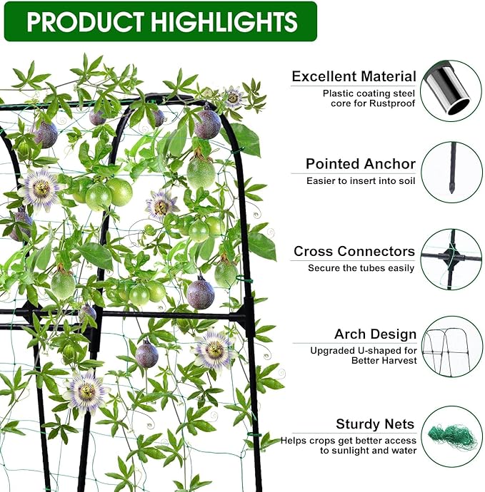 Garden Arch Trellis for Climbing Plants Outdoor, 50x48 inch Cucumber Trellis Raised Bed, Rustproof Metal Climbing Plant Support Vegetable Vine Flower Fruits, with Netting, Lightweight, Black