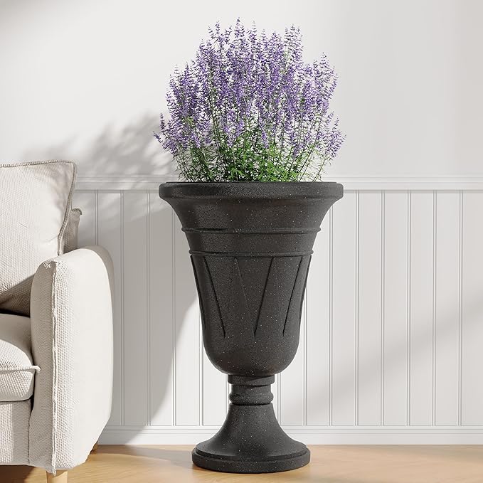 23" Tall Planters for Outdoor Plants Set of 2, Planter with Drainage Holes and Trophy Design, Large Outdoor Planters for Porch, Garden, Black