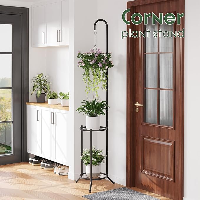 2-Tier Hanging Plant Stand Indoor and Outdoor , Space-Saving Iron Planter Shelves, Multiple Flower Pot Display Holder Shelf with Hanging Hook, Corner Plant Stands (Black)