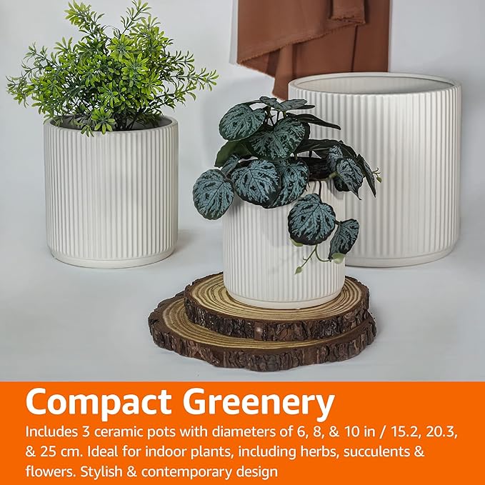 Amazon Basics Assorted Sizes Fluted Ceramic Round Indoor Outdoor Planters with Drainage Hole, Set of 3, Modern Design, 6 inch, 8 inch, 10 inch, White, Succulent Flower Pots