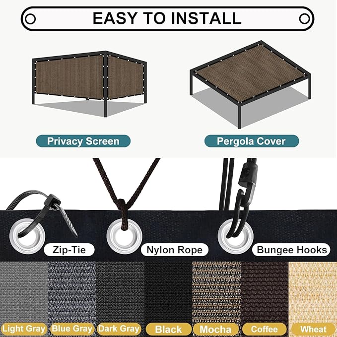 Shade&Beyond 90% Sun Shade Cloth with Grommets, 8' X 12' Pergola Shade Cover Canopy, Mesh Tarp Sun Screens for Patio, Outdoor, Garden, Backyard, Mocha