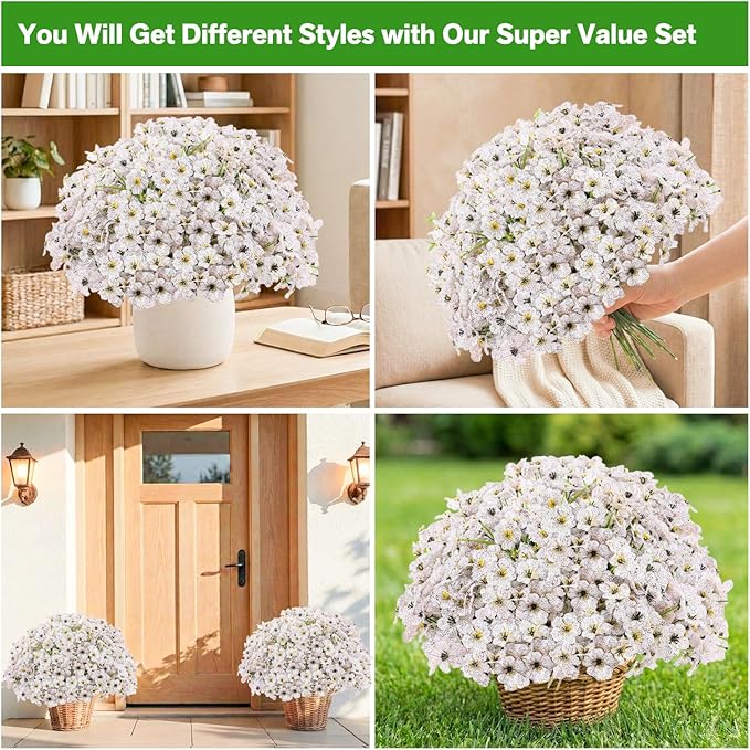 22 Pack Artificial Flowers Outdoor Fake Plants, Faux Flowers UV Resistant with Plastic Plants, Faux Silk Flowers for Outdoors Outside Front Porch Hanging Planter Window Box Garden Decoration(White)