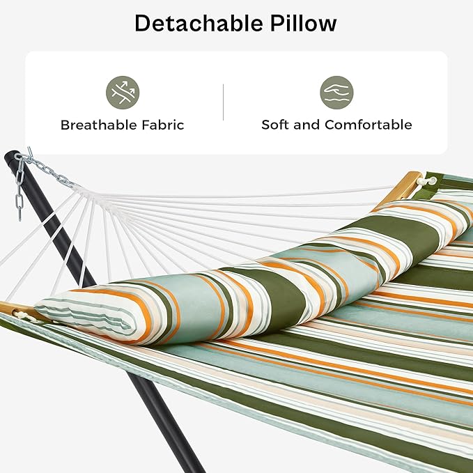 SUPERJARE Hammock with Stand, 2 Person Heavy Duty Hammock with Padded Cotton, Detachable Pillow & Strong Curved-Bar & Portable Carrying Bag, Perfect for Outdoor & Indoor, Retro Green