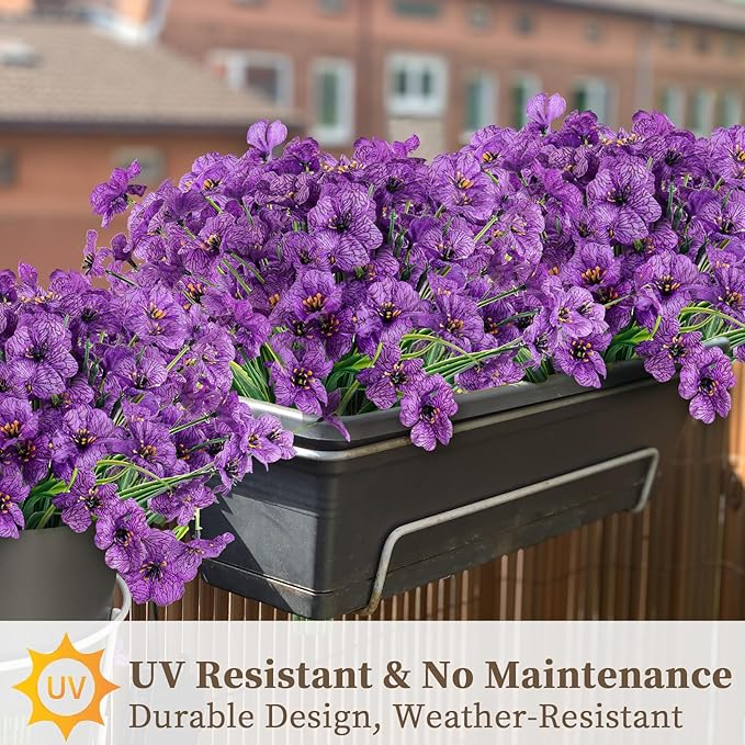 24 Purple Bundles Artificial Flowers for Outdoors/Indoors Fake Flowers Plants for Indoor Outside Garden Porch Window Box Home Wedding Farmhouse