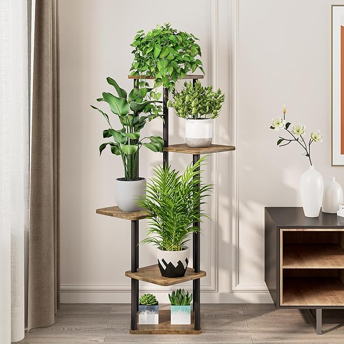 5 Tier Plant Stand Indoor, Thickened Metal Wood Corner Plant Shelf Stands for Multiple Plants, Indoor Tall Plants Stand Tiered Flower Holder for Living Room Patio Garden Balcony(Black+Brown)