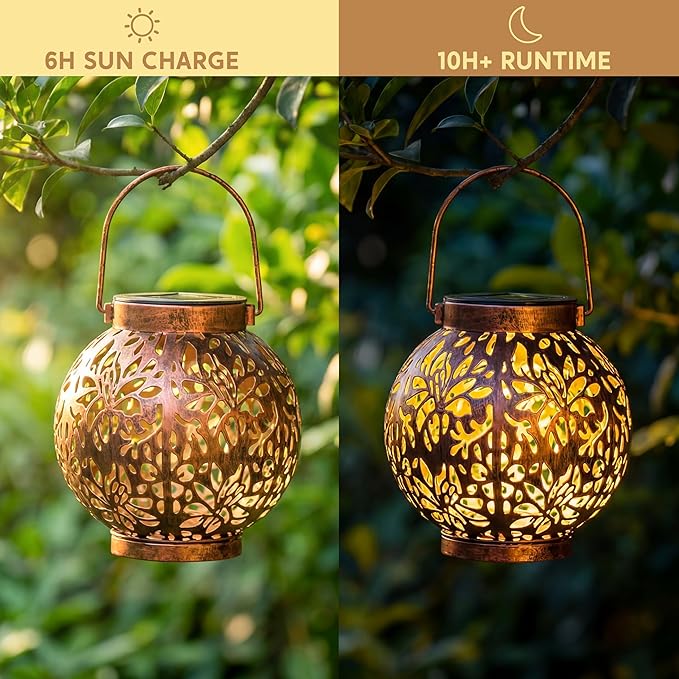 JOIEDOMI 2 Pack Outdoor Solar Hanging Lantern Lights, Waterproof Tabletop with Handle, LED Moroccan Lanterns, Metal Decorative Garden Solar Lights Spring for Patio, Lawn, Porch, Backyard