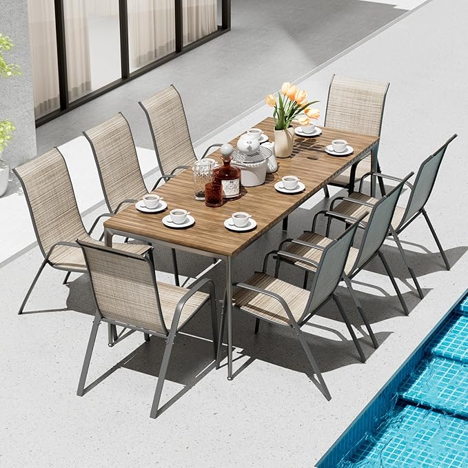 TLSUNNY Patio Chairs, Stackable Textilene Outdoor Dining Furniture for All Weather, with 17.7″ Wide Seat & Metal Frame, for Garden, Backyard, Deck, Restaurant, Poolside (8, Brown, 26.4″)