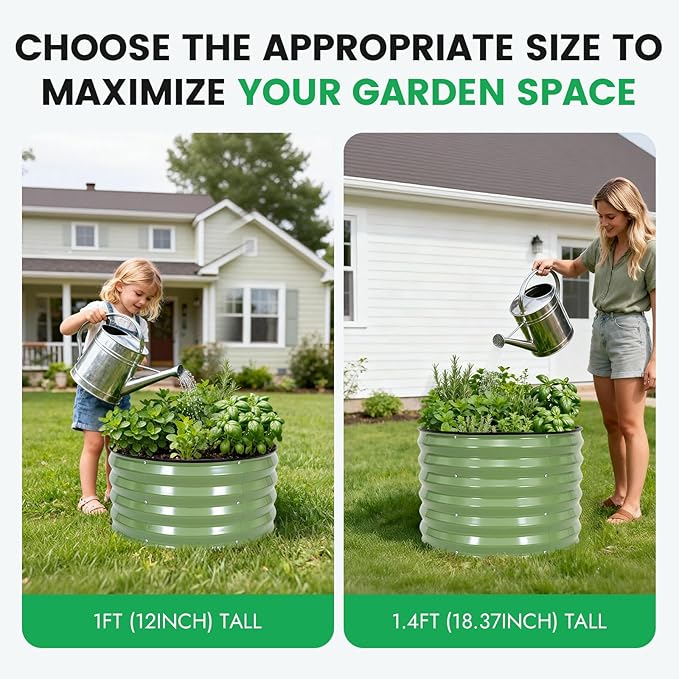 INNO STAG 3 Pcs Round Galvanized Raised Garden Bed — 2×2×1ft Planter Box Outdoor Raised Beds Kit for Gardening Vegetables, Fruits, Herbs, and Flowers, Olive Green