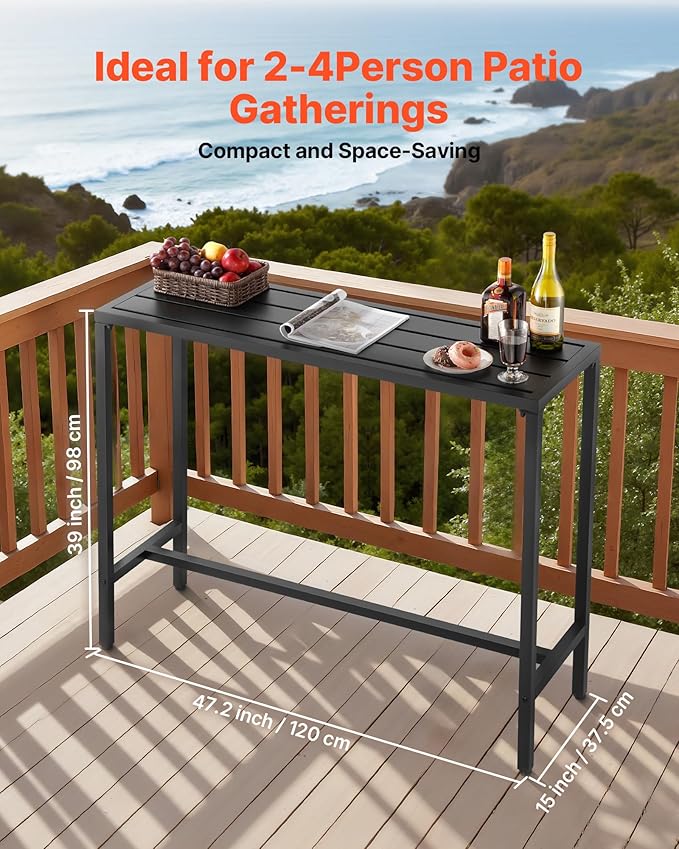 VEVOR Outdoor Bar Table, 47 x 15 in Patio Bar Table, Waterproof Top & Sturdy Metal Frame, Rectangle Counter Height Dining Tables, Outdoor Furniture for Balcony, Yard, Hot Tub, Poolside, Indoor