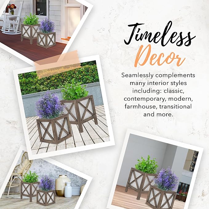 Autumn Alley Farmhouse Front Porch Planters Set of 2 Stand with Galvanized Corrugated Metal Planter for Outdoors/Indoors - Rustic Wood Square Planters Box on Legs – Charming Farmhouse Décor, Brown