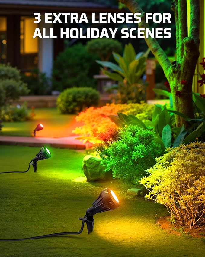 DEWENWILS 120V LED Outdoor Spotlight, 3 Extra Lenses (Red Green Yellow), 5.5W 5000K Plug in Spotlight, Waterproof Landscape Light for Yard, Tree Flag, Holiday, 5FT Extension Cord, UL Listed