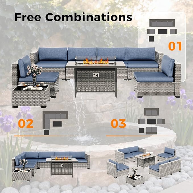 12-Seat Modern Outdoor Wicker Rattan Patio Furniture Set with 55,000 BTU Fire Pit Table, Thick 4″ Cushions, All-Weather Dual-Strand Rattan, Rust-Resistant Steel Frame,Navy