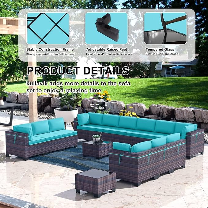 Kullavik 14 Pieces Outdoor Patio Furniture Set PE Wicker Rattan Sectional Sofa Patio Conversation Sets,Blue