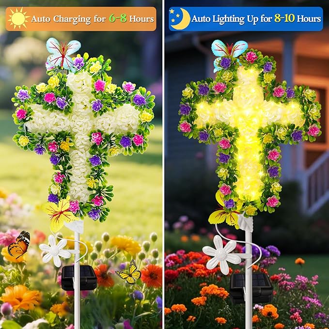YJFWAL Solar Flower Cross for Cemetery Grave, Grave Decorations for Cemetery Solar Crosses, Sympathy Memorial Gifts, for Garden Lawn Yard Patio Decor