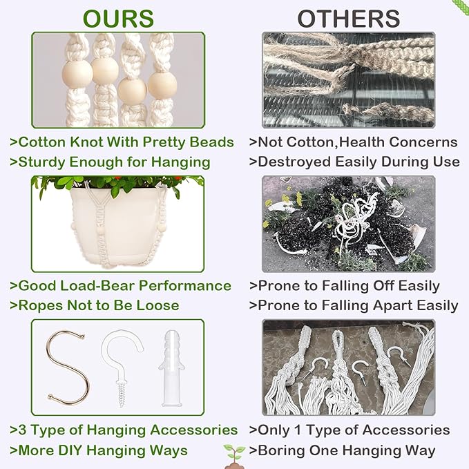 Macrame Plant Hanger Indoor,Hanging Planters for Indoor Plants with 8 Hooks,Outdoor Hanging Plant Holder Crochet for Window,Ceiling Boho Home Decor Basket Pot,White 4 Pack,Ivory