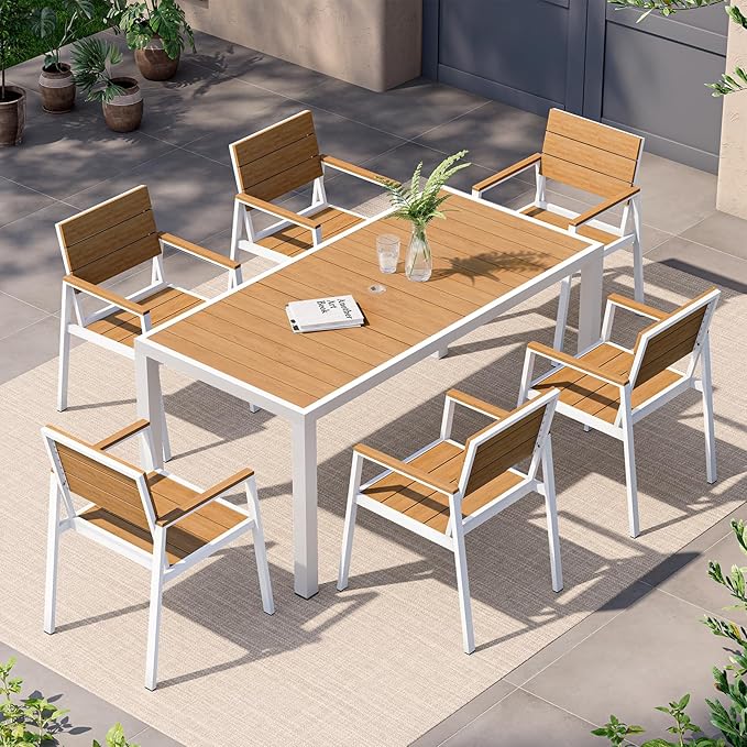 7-Piece Outdoor Dining Set, Aluminum Dining Table Set for 6, Patio Table and Chairs Set with Umbrella Hole, All Weather HDPS Outdoor Table and Chairs for 6 (White-Teak)