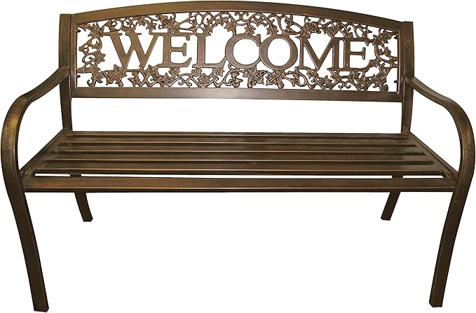 Leigh Country Metal Outdoor Bench, Welcome Design, Decorative Patio Seating for Porch/Deck