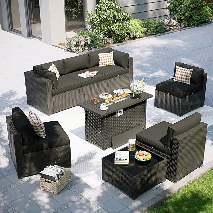 Aoxun Patio Furniture Set with Fire Pit Table, 8 Piece Outdoor Sectional Sofas, Wicker Rattan Outdoor Furniture with Thickened Cushion for Backyard, Garden Black