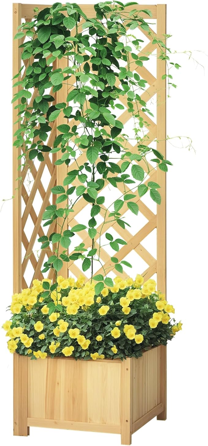 Outsunny Wooden Raised Garden Bed with Trellis, 57" Freestanding Corner Planter Box for Vine Plants Flowers Climbing and Planting Natural