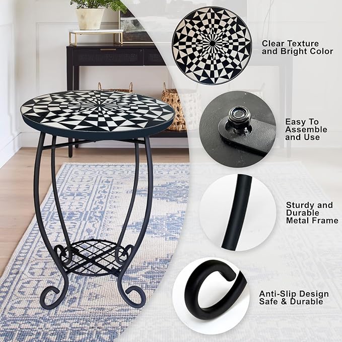 LIFFY Outdoor Side Table,12" Round Ceramic Tabletop Accent Table with Metal Frame, Indoor Small Decorative Plant Stand & End Table for Home, Patio, Garden
