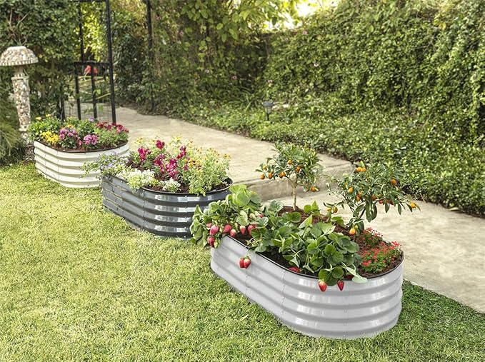 Plant & Plot Galvanized Raised Garden Beds Outdoor // 4×2×1 ft (2-Pack) Planter Raised Beds for Gardening, Vegetables, Flowers // Large Metal Garden Box // Patented Tool-Free Design (Light Gray)