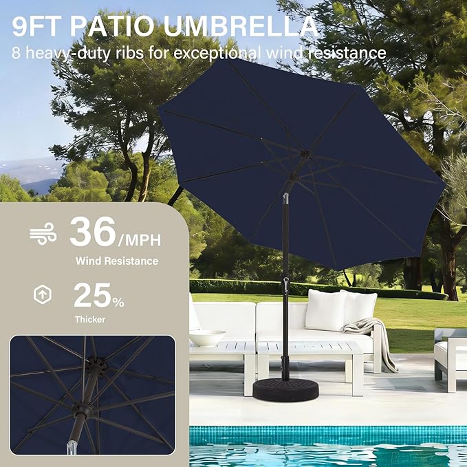 MEWAY 9ft Patio Umbrella Outdoor Table Umbrellas with Push Button Tilt and Crank, Market Umbrella 8 Sturdy Ribs for Deck, Garden, Pool and Backyard, Navy