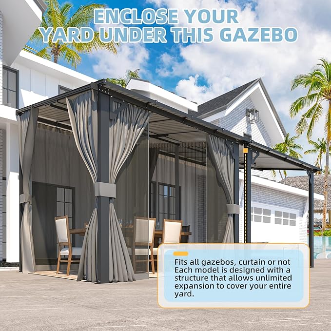 AECOJOY 8' X 8' Gazebo for Patio, Small Wall-Mounted Lean to Pergola 8x8 Gazebo with Curtains and Netting, Hard Top Gazebo on Clearance for Lawn Backyard Garden Deck