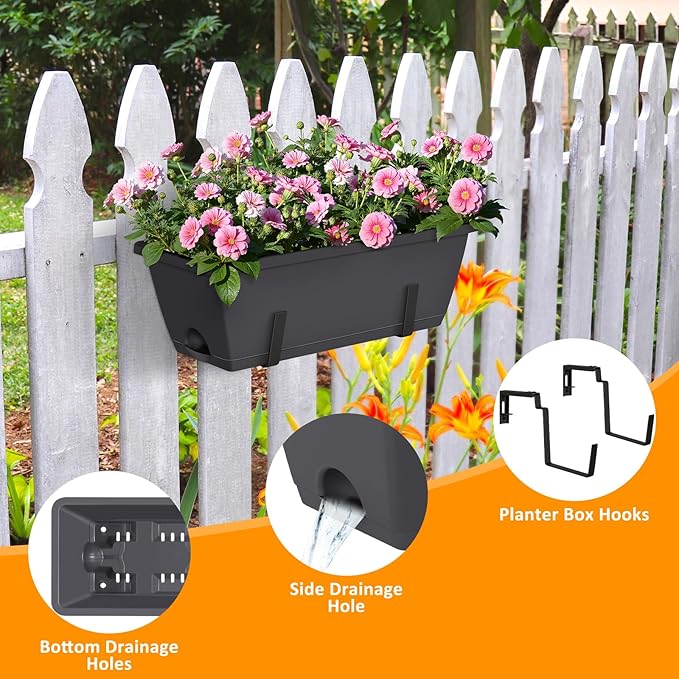 smusei 4 Pack 17 Inch Deck Railing Planter Boxes Window Boxes Planters Adjustable Balcony Planters Railing Hanging, Rectangular Fence Deck Rail Planter for Outdoor Plants Flower Pots Herb