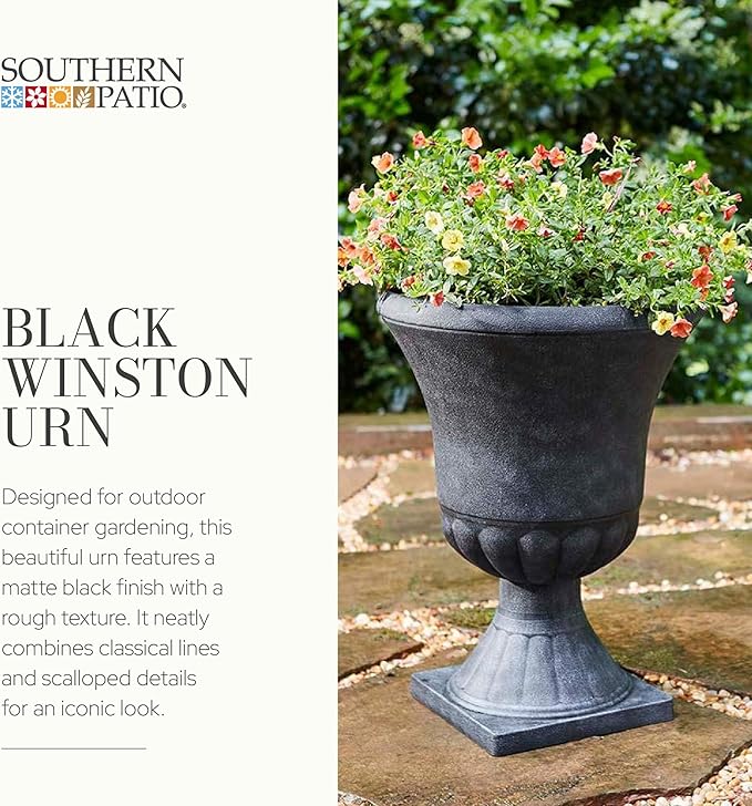 Southern Patio Winston Plant Urn, Garden Planter Urn for Flowers and Plants, 16" D x 16" W x 21" H, Weathered Black, 2 Pack