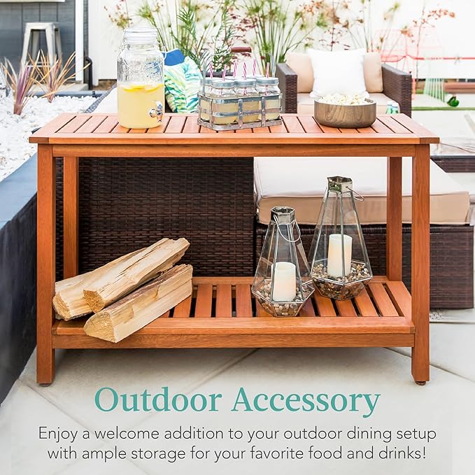 Best Choice Products 48in 2-Shelf Eucalyptus Wooden Console Table Indoor Outdoor Multifunctional Buffet Bar Storage Organizer w/Foot Sliders - Natural