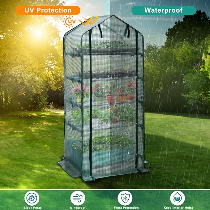 Mini Greenhouse for Indoor Outdoor, 5 Tier Shelves Rack Small Green House Heavy Duty with Waterproof Mat, Portable Plants Seedling Supplies Durable PE Plastic Cover with Tape, Gardening Gifts