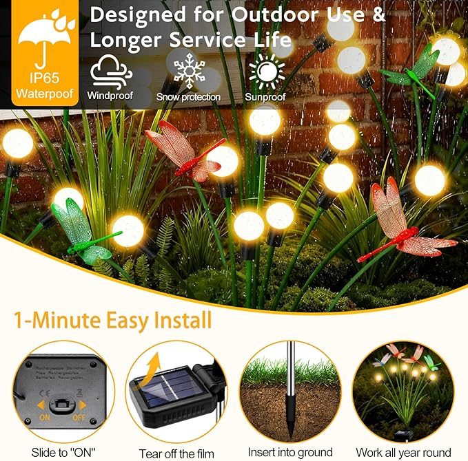Solar Garden Lights Outdoor - 2 Pack Dragonfly Solar Swaying Light, Sway by Wind, Firefly Lights Outdoor Yard Patio Pathway Decoration, Big Bulb, High Flexibility Iron Wire & Realistic Dragonflies