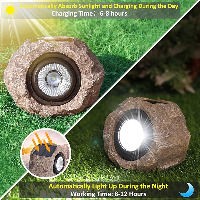 2 Pack Solar Rock Lights Outdoor, Angle Adjustable Solar Lights Outdoor Waterproof, LED Solar Garden Lights, Auto On/Off Landscape Lighting for Yard Pathway Patio Flower Bed - White Glow (Stone Brown)