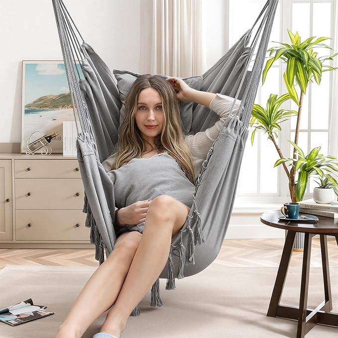 Y- STOP Hammock Chair Hanging Rope Swing, Max 500 Lbs, 2 Cushions Included, Large Macrame Hanging Chair with Pocket for Superior Comfort, with Hardware Kit (Light Grey)