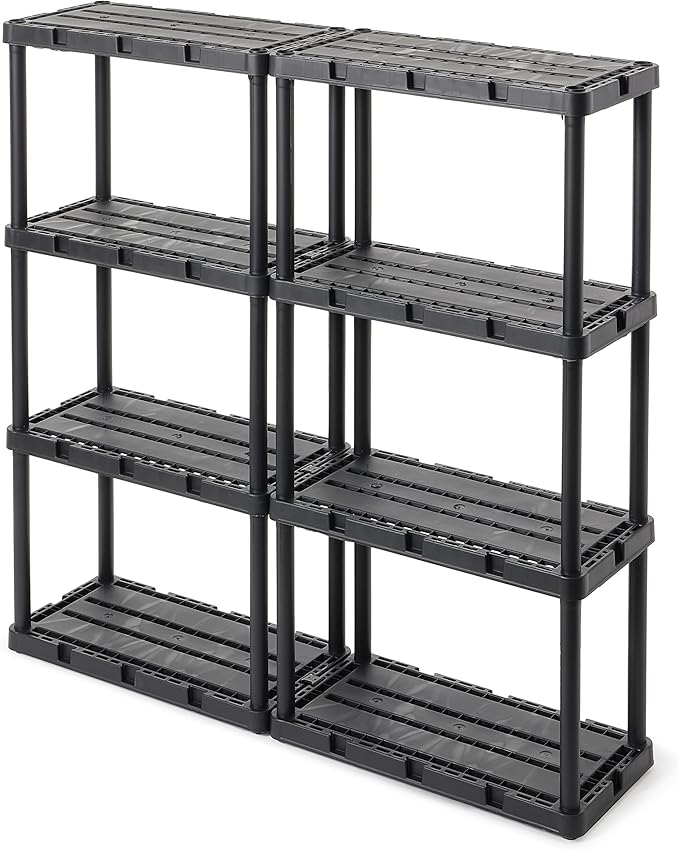 Gracious Living 4 Pack Light Duty Storage Shelves, Knect-A-Shelf 4-Shelf Ventilated Shelving Rack Organizer for Home, Garage, Basement & Laundry, Black
