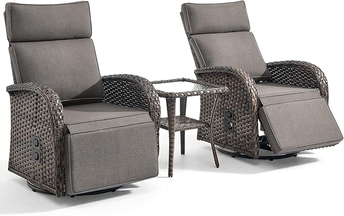 3 Pieces Zero Gravity Patio Swivel Rocking Recliner Chairs Set of 2 - Wicker Outdoor Lounge Chair with Side Table, Adjustable Backrest & Footrest, High Back Outdoor Recliner Chair for Pool Deck Gray