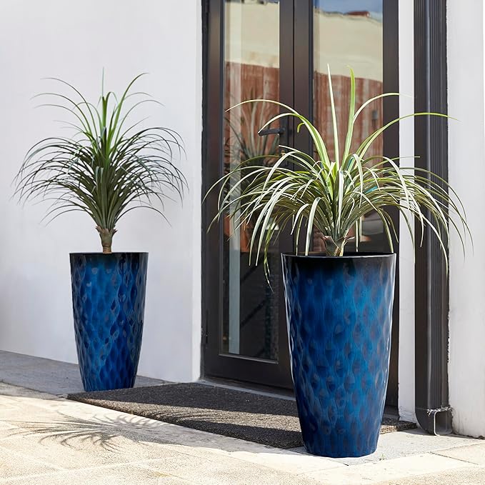 Glitzhome 23.75" H Tall Outdoor Planter, Set of 2 Wavy Texture Cobalt Blue Large Outdoor Planters, with Drainage Hole, Plastic Large Round Decorative Flower Plant Pot for Front Porch, Indoor