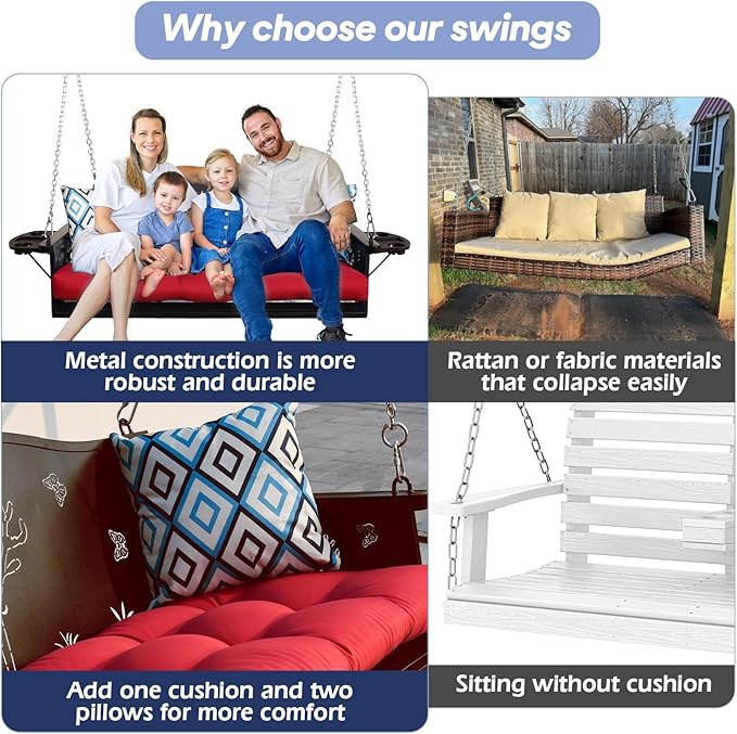 3-Seat Metal Porch Swing 900 LBS Heavy Duty Hanging Bench with Upgraded Tray & Cushions Rust-Resistant Finish Swing Chair with 8.9FT Chains for Patio Lawn Garden