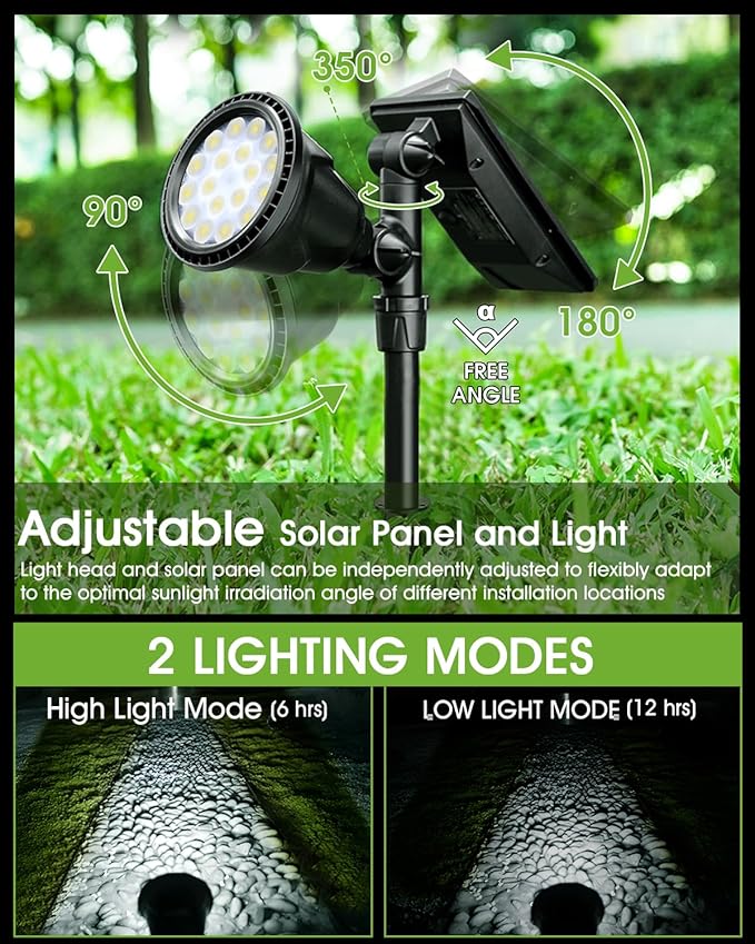 DBF Solar Spot Lights Outdoor Waterproof IP65, Cool White, 600LM High Bright, 2 Brightness Modes, 18 LED, Auto On/Off, Angel Adjustable for Flag Pole Garden Yard Patio Driveway Tree, 2 Pack