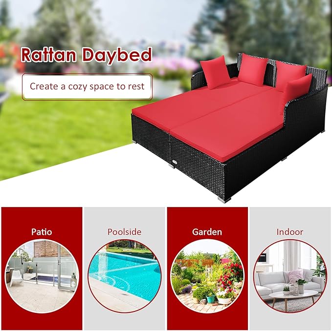 COSTWAY Outdoor Patio Rattan Daybed, Sponge Cushioned Loveseat Sofa with 4 Pillows, Wicker Furniture Sunbed for Balcony, Courtyard (Red)