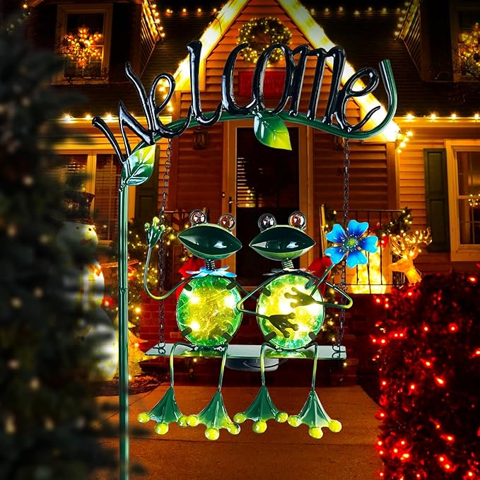 HONGLAND Solar Lights Outdoor Waterproof, Frog Swing Garden Decor, Frog Decorative Stake with Welcome Sign Landscape Patio Yard Gifts for Women Mom (48 inch)
