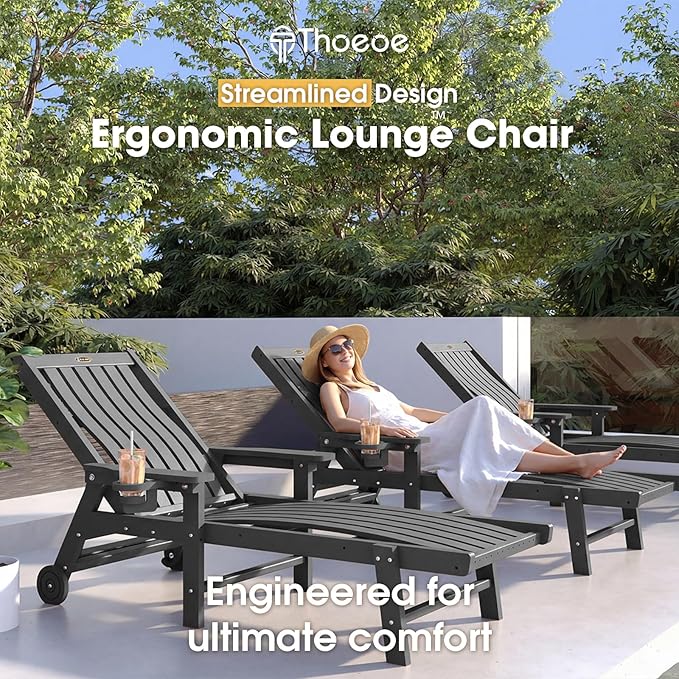 Patio Chaise Lounge Chair Set of 2, Oversized Lounge Chair Outdoor with 5 Positions, HDPE, Patio Lounge Chair with Wheels & Cup Holder for Pool, Deck, Poolside,Grey